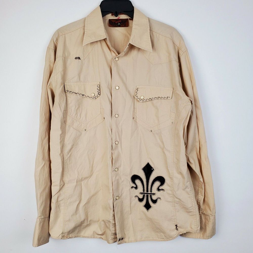 Danesi Men's Beige Fleur‎ De Lys Snap Button Western Shirt Size M